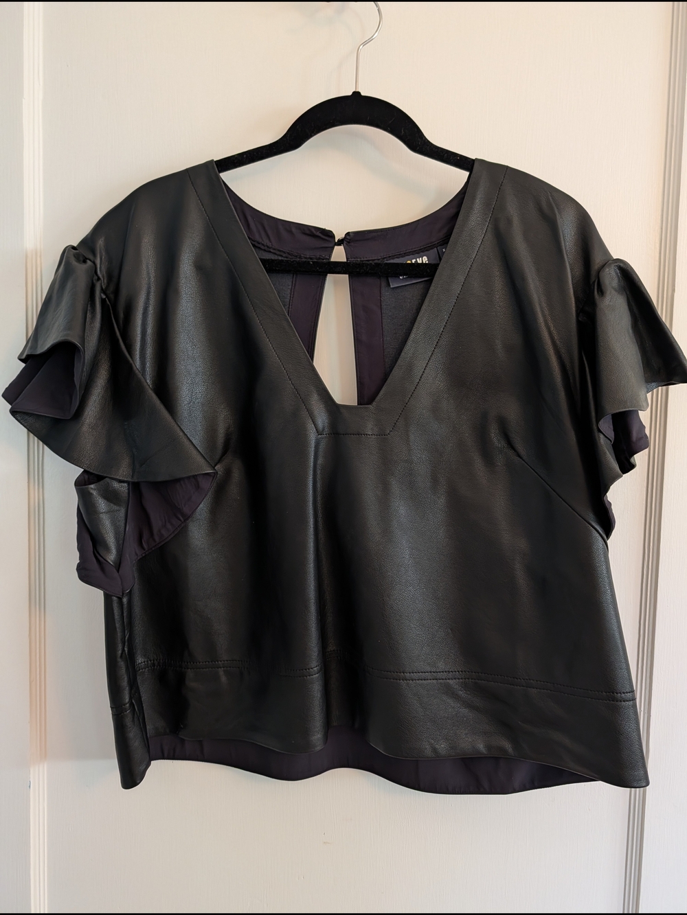 Maeve Black Faux Leather Ruffle Sleeve V-Neck Blouse